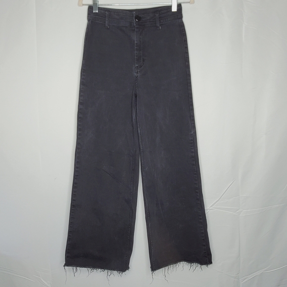 Oat New York Denim - Oat New York Wide Leg Hi-Rise Jeans Size 27 Raw Hem Black Wash Denim Cropped